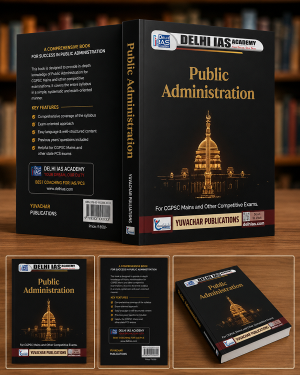 Public Administration Book For CGPSC By Delhi IAS Academy |Public Administration | CGPSC Mains | Public Administration Optional | State PCS | Competitive Exam Guide | Latest Edition Master Public Administration for CGPSC Mains & Other Competitive Examinations Public Administration is a comprehensive and exam-oriented guide specially designed for CGPSC Mains, State PCS, UPSC Aspirants, Public Administration Optional, and other competitive examinations. Prepared according to the latest syllabus and examination pattern, this book explains the complete subject in a simple, systematic, and easy-to-understand manner. The book covers both theoretical concepts and practical administrative perspectives with updated examples, previous years' questions, and exam-oriented content to help aspirants develop conceptual clarity and maximize their scores in descriptive examinations.Public Administration Book For CGPSC By Delhi IAS Academy 